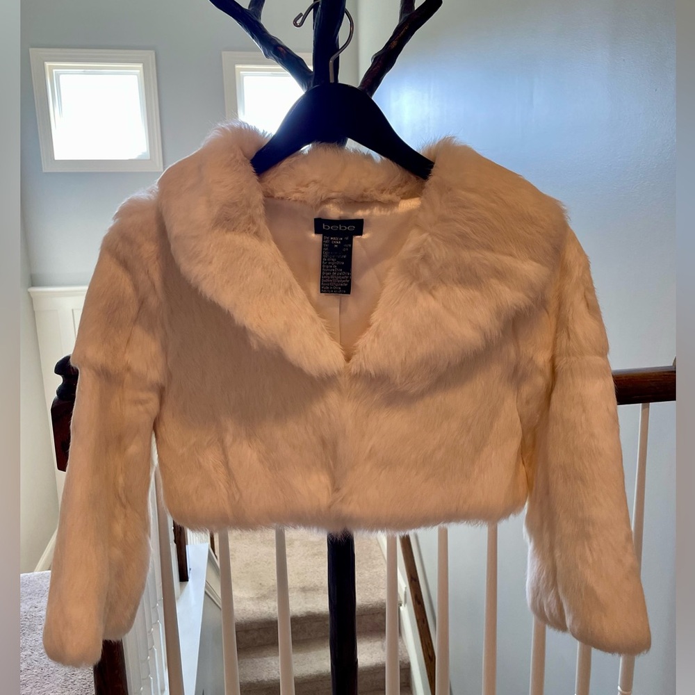 bebe White Cropped Rabbit Fur Jacket - M